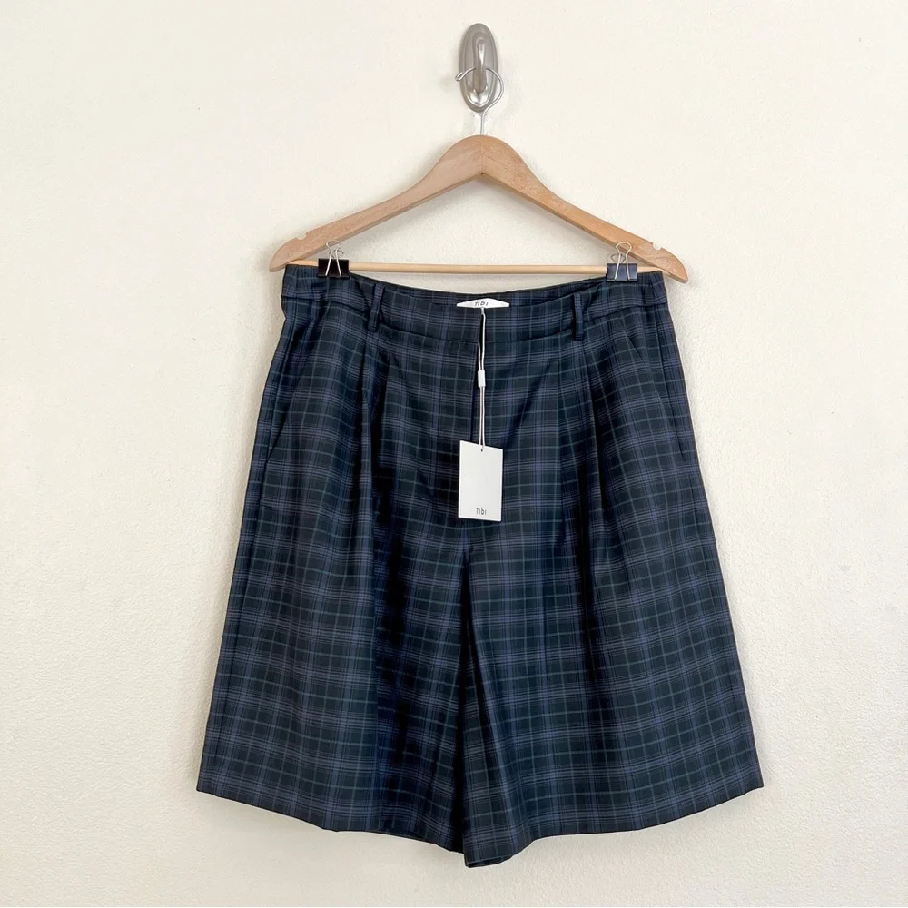 TIBI Marvel Wool Blend Plaid Suiting Bermuda Shorts in Black Blue